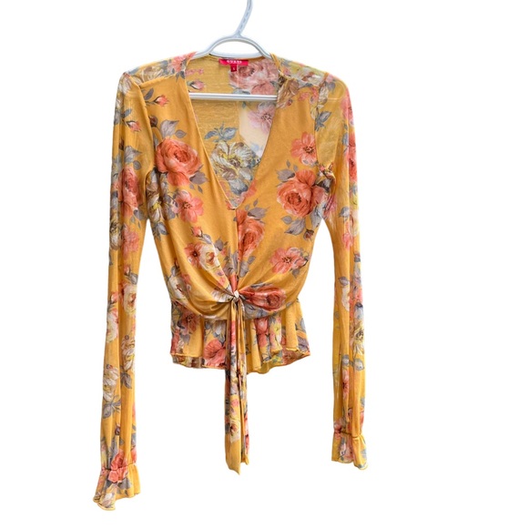 Guess Tops - Guess Floral Mesh Knotted Front Long Sleeve Top Size Small
